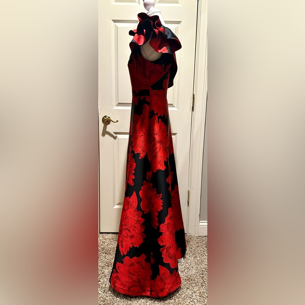 Adrianna Papell Red and Black One-Shoulder Floral Evening Dress w/POCKETS! - Picture 4 of 10